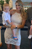 I wore this dress as my bridal shower dress. I was at the time 128lbs, and the small felt a bit snug in the waist area. Also the button was damaged up top so they sent another one in a size medium pretty fast. The medium felt much better but was loose in certain areas. I wore this dress for my nephew's baptism at 19 weeks pregnant at 142 lbs, and it definitely fit much nicer and had enough give and stretch for my little bump. Received many compliments on the dress but a bra is not an option for this dress so beware. Both pictures posted of both events. - Vanessa