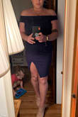 The dress I super stretchy & comfortable. I thought for sure I'd need a large but was nervous based on some reviews about size. Got the large and it fit okay but was baggy around the waist and butt) I have a tummy but really no butt or hips. I ordered the medium but kept the large In case the medium was too small. The medium was perfect! And I was able to easily send back the large. I would definitely recommend this dress. - Melissa W.
