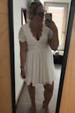 This dress met ALL my expectations!! Wonderful fabric, very well made. Very happy with how everything fit. Not tight around my arms, fits comfortably around my waist, and flowy beautiful fabric for bigger hips. Looks short in the pictures but it hits right above the knee. I adore this dress! Shown both with and without bra. Can wear it either way!! - Shannon H.