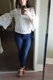 I'm beginning to realize how things fit on a petite person. I got a very good idea about how this would work by looking at the pictures the other people posted, and I decided to give this a try. It is darling, and even someone my age can wear it and it looks so cute. I love it. - Valeri P.