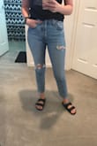 When I first put these jeans on, omg were they tight. They fit my waist perfectly but in the knees and thighs they needed more room. I was so close to returning them for a larger size but after wearing them for a day and doing some lunges in them... they're the most perfect jean. I am obsessed with this purchase! Also - I'm more on the tall side... they hit about 4-5 inches above my ankle. - Courtney R.