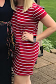 This dress material is SO soft and stretchy! Perfect fit and great length. The arm cuffs are a little snug; however, but I'm 100% happy with my medium (my normal size)! Thick and not see through at all. I love the color, and it's very flattering! I would love this in aaaaall the colors. - Danielle L.