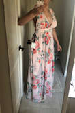 It looked great. I'm rather curvy, and it was great at hiding a bit of bump on the front and back; however, it needs a special bra/petals (if any). Material and details are okay. The fabric was a bit wrinkly and the color was a bit dimer than what's in the image, but all in all it's okay. I'm wearing 2.5" tall wedges, and it is still touching the floor but only barely... - Sepeedeh P.