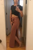 I love these high-waisted pants that fit my wide hips and tall length comfortably and flatteringly. Its elastic waist on the back allowed me to wear these high enough to wear with a shirt that showed more skin than I wanted. - Amy L.
