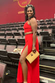 I enjoyed wearing this!! The red look very nice on my complexion. I wore the pants a little high to hide most of my belly. My measurements say that I'm a medium up top large in the waist and XL in hips and I got the medium. It was conservative and sexy at the same time. Some people assume it was a dress and when I showed them it was not, they were WOWED! This outfit is very easily to wear as your own style! The pants were long so when using the stairs you really got a chance to show your legs in a classy way. I can't wait to wear this again. - Tanisha J.