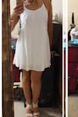 I like this dress a lot. It is very cute and perfect for the summer. It balloons out so much in the hips (lower part of the dress) though, which is why I didn't give it a 5/5. Still keeping it! Great quality. It has lining underneath so it isn't see-through. - Kathleen G.