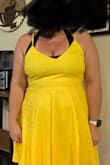 I love this dress! It's so cute and simple but easy to dress up with the lace overlay or down. And the color is just fun and happy and incredibly vibrant! I did size up and wish that I hadn't, but even being a little big on me it still looks super cute and I was able to go braless comfortably! Also, the full body photo was taken when I was just trying the dress on, not when I wore it for the day. Ignore the sports bra please lol. - Chrissi S.