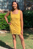I wore this dress to graduation. It fits to true size, I didn't even have to wear a bra with it. I love how bright the color is and it went well with my cap and gown. I do recommend this dress for any occasion and the color really pops out! - Nia R.
