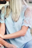 Wore it in Texas for family pictures with my boyfriends family. It's like a periwinkle/dusty blue just like the photo. Love the lace on the sleeves <3 - Taylor M.