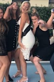 I wore this dress one night during my bachelorette party and I could NOT have asked for a better/cuter dress! It fits pretty true to size. I'm 5'11 and 170 lbs and I was scared that the large would be too tight but it was perfect and I got so many compliments! The length is perfect for us tall girls! I've ordered a few other dresses off Lulus and they always end up being too short but this was perfect length. 10/10 recommend! - Haley D.