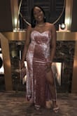 Really cute material very soft split was nice. Wore kitten heels with because I am tall and wanted dress to flow. The bust was too big even with adjusting the shoulder strap. - Asia B.