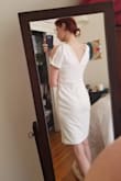 Partially in defense of this dress, I probably should have bought the small instead of the medium; the small very well might have been too tight across the bust, though, so I think this dress just wasn't meant for me. 

But even if the small did fit me, I'm not sure I would have kept the dress. The cut and style of this dress is classic and gorgeous. There's nothing inherently wrong with this fabric, but it's simultaneously too thick and too unstructured to pull off the desired "look" this dress was meant to have. It needs a liner, and an outer layer made out of a fabric that's not 75% of the way into sweater dress territory. - Lisa S.