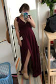 I'm wearing this for an autumn wedding as a bridesmaid and it was requested to wear a long dress. As I'm 4'11 any long dress I was going to buy would need to be altered even with a high to mid heel, so I went in knowing I would probably never find a perfect length (woes of being a short girl). I'm pretty busty so I wanted to make sure I was wearing a dress that would give me good coverage as well as an adjustable waist for any sort of weight fluctuations. The tie back makes the fit more versatile and it's just super flattering! I love it so much. Can't wait to get it altered. It's very feminine and formal so it's perfect for what I needed. - Michele T.