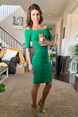 This dress is IT. If you ever own one dress, make it this!!!! I want it in every possible color! The material is nice and thick, makes you feel hugged! It fits like a glove, which for my waist to hip ratio tends to be hard (things usually bag at the lower back above my butt because they will be tight in the hips and loose in the waist). The off the shoulder style is super sexy and still manages to be conservative with the length, while the pop of color I chose and a fun flair! Get the dress!!!!! - Stephanie K.