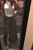I wanted to love this so much - it's perfect on the model pictured. It's not terrible - I still wore it to work and got compliments - but it felt like a giant potato sack. It's heavy. I think it definitely looked better than it felt. And the waist on the XS fit perfectly. But I wore heels and it still touched the floor, so I'd bunch it up to go up and down stairs, but the button by my crotch kind of popped open every time. Not practical, but very boho chic. Would look great on someone not 5'2 maybe. Also wrinkles easily, but irons easily too. - Sofia S.