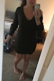 I really love this sweater dress. I typically wear a size 6 so I ordered a medium and it's a perfect fit. It's cozy and you can't see through the knit, which is good. I love the olive green color and it looks AMAZING with my black over the knee boots. You can wear it with the v in the front or back and it looks great. Honestly really impressed that this dress can give that slouchy sweater dress vibe without being unflattering! It's awesome! - Karen E.