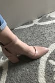 I love these light pink shoes, and the heel makes it great if you have to walk on uneven terrain for weddings. I usually run between 8.5-9 and didn't want to take the chance of being too small especially with the narrow pointed toe but the 9's are a smidge too big. It still works and will wear them but I will order the 8.5 for another color I plan to buy. One pic is heel all the way to back, and 2nd pic is sitting forward so toes are in. Maybe it's good they're a smidge big so back doesn't rub on ankle/leg. - Erica S.