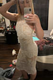 I loved this dress and wanted it for my engagement party so I ordered a Medium because I am have thick thighs & booty. The bottom of the dress fits but of course the top was too big for my A cup and my rib cage. I had to get it tailored but now it fits perfectly! I am 5 foot 7 inches, 155 lbs athletic build and a 34A. Hope this helps! - Alexandra H.