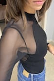 The mesh dropped so low under my armpits and was moving all around. It just looked ridiculous. My best friend tried it who is 5'6, 128lbs and it looked like it does on the model. I was so excited about this bodysuit but unfortunately on me it sucked. - Sara