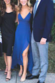 I wore this beautiful dress to a Black Tie wedding in the fall. This dress is appropriate coverage, length, and gorgeous color. The back is open with adjustable straps and strings. The open leg combined with the layered fabric (dress is fully lined) allows the dress to flow so well while walking (or dancing!) The dress came a little wrinkly from shipping, but it took 1 minute to steam and looked gorgeous at the event. I plan to wear this dress again! You can dress it up or down and wear it almost year round! I am extremely happy with this dress! - Abby W.