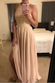You guys!!! This dress is SO beautiful in person. Pictures do not do it justice. I'm so excited to wear it to my husband's Marine Birthday Ball in a few weeks. 

It fits perfect! True to size. I have to wear a padded bra to fill the top out- but I am very flat chested. 
It fits and hugs my curves in the most flattering way. 

It is a tiny bit sheer, so I'd suggest wearing nude panties and bra. - Taylor W.