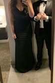 Ordered a few dresses for a wedding and ended up with this in black. The simple silhouette is chic and classic but the low v makes it super sexy. Definitely good cleavage with this dress. The fit is great. The dress is so great- flattering, timeless, and fantastic price! Love it!! - Eliza F.