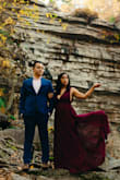 Wore this for engagement photos and LOVED it! The color is beautiful, the material is thick but still flowy. It is long (which I knew I'd have to get hemmed) but I did also hem the front as well as I felt self-conscious with how low it came down and how exposed my breasts were for photos. Once I had it hemmed it was perfect! - Anne C.