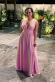 I loved this dress! I should have hemmed it but I didn't - it was right at the waist but that was because I knew if I ordered a medium it would have been too big! It was the perfect dress for the event. Absolutely loved it. It has weight on it but not a lot. I felt like a goddess all night! - Francheska G.