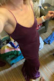 Love this dress! Stretch is nice, I was kinda worried about the top button part busting but it lasted all day :)
For anyone shorter than 5'7 might consider hemming...
Also, color is more purple and slightly darker than pictured, see photos - Simone L.