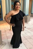 We were invited to a Gala and I was searching high and low for the perfect dress. This was exactly what I was looking for. It was so comfortable and looks elegant. The fabric is thick enough to not show lumps and bumps, but it has great stretch. I had to hem the front a bit because it was long for my 5'1" height. I hemmed only the front so there would be a bit of a train in the back. I suggest a pair of short spanx for the mommy tummies, to tuck things in. I highly recommend this dress! You will not regret your purchase. I also ironed the frill on low iron. - Crystal B.