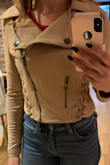 First off I would like to point out my outfit in the pic so you can get a better idea of the jacket fit. The jeans I'm wearing in the pic are high waisted leggings from American Eagle and the red shirt underneath is a 'ultra warm heat tech' shirt from Uniqlo in a small. So with this in mind, the jacket in a size small sits at the top of my jeans so to me, it's a crop jacket or it's too small. It's also thin like a sweater and I expected it to be a little thicker so I would wear this in NYC during late September-late October. I do get cold easily.  The jacket is extremely soft and I love the lace design and color. So I will return and order in a M and do another review ;) Btw my 10 yr old daughter, who is just as thin as I, put this jacket on and it looked like a wonderful fit lol which is another reason I thought to order up a size. - Sirina G.