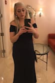 Love this dress! Solid yet stretchy material that you cant see through. The off-the-shoulder part stays in place well and the V stays firm. It runs a little long in my opinion (even with heels!!) and I didn't have time to hem but luckily this fabric didn't fray along the bottom when I carefully trimmed it with scissors lol! - Alexis W.