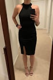 This dress is AMAZING. I bought a small thinking it could be a little too tight but it's PERFECT. I would say it runs a tad bit large but it's not like dangling off me. The back is absolutely beautiful too. It is a high neck but it sits low enough on your chest that it doesn't choke you. - Devon C.