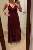 Bought this dress for a formal wedding. I ended up returning it for a couple reasons. It does fit true to size but there is so much fabric and doesn't drop straight down like I was expecting. The dress is very long. I'm 5'7" wearing a small and it still dragged on the floor with 3 inch heels on. Possibly a different color would've been better! - Devon C.