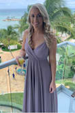 Loved this dress, I wore it as a bridesmaid dress and it was perfect! I would describe the color as more of a light/dusty purple then a taupe which was exactly what I was looking for. It fit true to size and was great quality - it was very heavy with a lot of layers to it! - Robyn O.