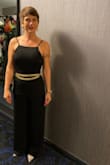 The material is a great weight, it didn't ride high like a lot of jumpsuits.  Loved the adjustable straps, and that is is more modest in front and almost like you forgot your shirt in back (hehe).  Wore this with kitten heels, so if you are on the shorter side a higher heel or maybe even need altered, I could not have worn with flats.  All in all I felt fantastic all night! - KC B.