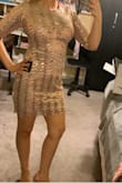 Usually dresses like this with sequins fit me like a glove and shows off my figure but not this one. It was so bad that it made my body look lumpy and like I had a belly. The sleeves were too tight. It was only slightly stretchy so if I got an XS to fit snug it would not have fit either. The design itself is beautiful but the way the dress falls on the body is horrible. Notice the lumpiness in the pics. - RebecaDalila S.