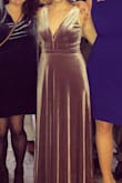 The fit of this dress was fantastic. I had to have it hemmed, but that was to be expected. I wore it to a NYE wedding, and I was comfortable all night long. Also got lots of compliments : I will definitely wear this again when I have an appropriate event. The color on the website and in the selfie photo is accurate. - Allison B.