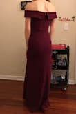I was worried about off the shoulder sleeves being uncomfortable and hard to keep in place, but these both stay in place and don't cause discomfort! The material of the dress is stretchy but thick enough to have some substance. Length is almost perfect for me in flats. The color is a bit more pink-purple in person, which I actually like even better than the picture. I would highly recommend this dress! - Sabrina B.