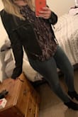 After reading the reviews I ordered a size up and got the Large. The jacket fit, but was a bit bigger fit than I prefer. I returned the jacket and reordered the Medium which is my normal size. It is a more tailored fit but I prefer the Medium still. Super cute, goes with everything! Love the look. - Brooke R.