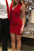 I LOVED THIS DRESS!!!!!!! So many compliments in it! It fit really well. The bust was bigger + lower than I expected, so I just pinned it a little higher / tighter! Crossing in the front gives you a great shape. True red. - Grace D.