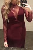 In love with this dress! I had to wear about a 1 inch heel but a two inch heel would have been more ideal for the length of the dress. Everyone loved it and I especially loved the long sleeves with the low v in front. - Janie O.