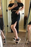 I like how it's a little flirty with the slits and crop top. It's also modest in my opinion, doesn't show too much stomach and the skirt is high waisted. The skirt is also pretty long for someone who is short, it looks better with some wedges/heels. Oh and it has pockets! Haha - Audrey H.