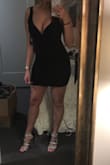 I love this dress! I got it for a PBA benefit and I wants a dress that was classy but still sexy. This dress has nice thick fabric - I prefer that to thinner fabrics and it felt higher quality to me. The front has a deep V with the V bar to hold in place. I did not wear a bra and it held me in nicely. I was worried that my "back/bra fat" might show due to the lower back straps but this honestly looked great on. I was super comfortable dancing all night. I am excited to wear this again! - Jessica B.