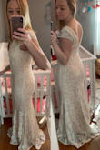 I love this dress and will wear it for my wedding. Small fits nicely through my hips with room to move/dance but it will need to be taken in at the waist, bust, and shoulders. It is long, too, but I am short. (I have heels on in one of the photos.) The dress feels like great quality and doesn't show any mama tummy. - Meghan W.