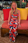 I wore this two-piece on our recent trip to Cabo San Lucas, and I felt amazing in it. I received so many compliments when I wore it and on the pictures afterward. The orange and blue colors are beautiful. I sized up after reading some of the reviews but would have been better with my normal size. Regardless of size, I think most people would have to take up the hem. I'm 5'4 and needed to have 8 inches taken off the bottom. - Melissa M.