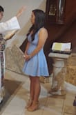 This dress was the perfect dress for my sons baptism. I'm short and the length was just right, the color is a bright baby blue that is perfect for spring. The fabric is stretchy and of good quality. I felt cute and sexy! Love this dress - Ashley D.