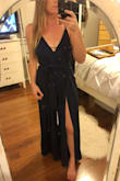 LOVE this jumpsuit! The waist fits perfect and the length (with a 3" heel) is just right. When you walk in it the slits show leg and it's so pretty. - Megan M.