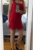 Love the detail on the bottom.
Love the flirty length.
Love the 90s style straps.
A little tight on the chest, but still able to sit down comfortably.
Fabric is not the stretchiest but still leaves room for movement (dancing, etc) and not too heavy.
Love love love! - Brittany B.