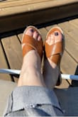 Love these sandals. You can wear them with ANYTHING and they are the perfect not fancy strappy, but not casual flip flop sandal. 
They are a bit stiff so I wouldn't walk very far in them for fear of blisters. But I'm sure my feet will adjust. - Audrey C.